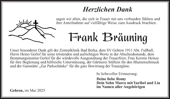 Traueranzeige von Frank Bräuning von Südthüringer Presse