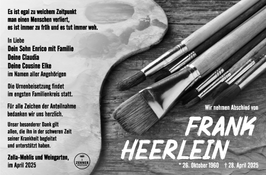 Traueranzeige von Frank Heerlein von Südthüringer Presse