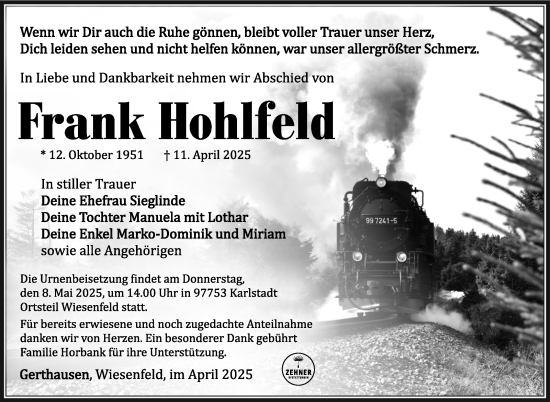 Traueranzeige von Frank Hohlfeld von Südthüringer Presse