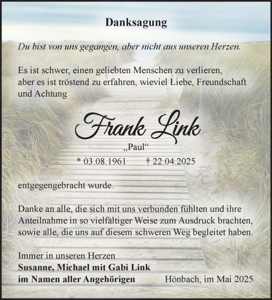 Traueranzeige von Frank Link von Südthüringer Presse