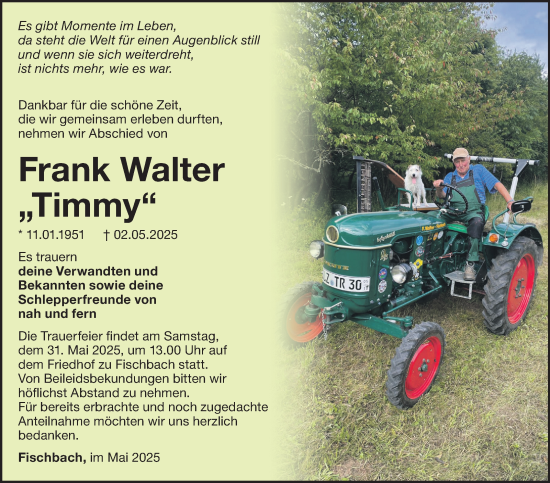Traueranzeige von Frank Walter von Südthüringer Presse