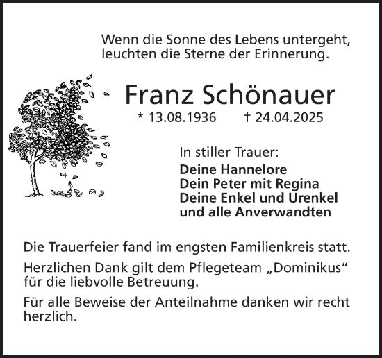 Traueranzeige von Franz Schönauer von Frankenpost
