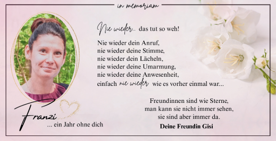 Traueranzeige von Franzi  von Südthüringer Presse