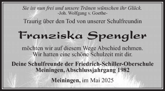 Traueranzeige von Franziska Spengler von Südthüringer Presse