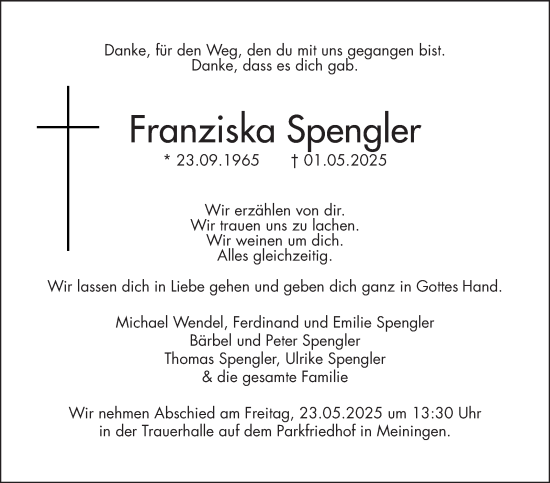 Traueranzeige von Franziska Spengler von Südthüringer Presse