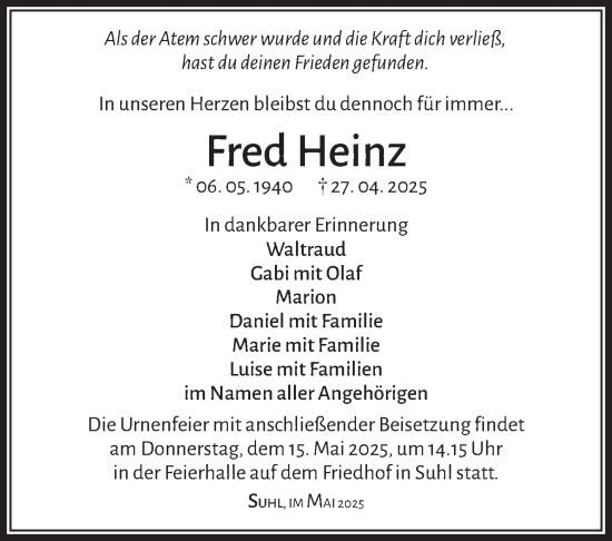 Traueranzeige von Fred Heinz von Südthüringer Presse