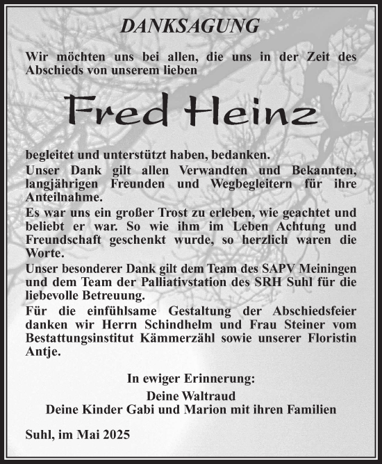 Traueranzeige von Fred Heinz von Südthüringer Presse