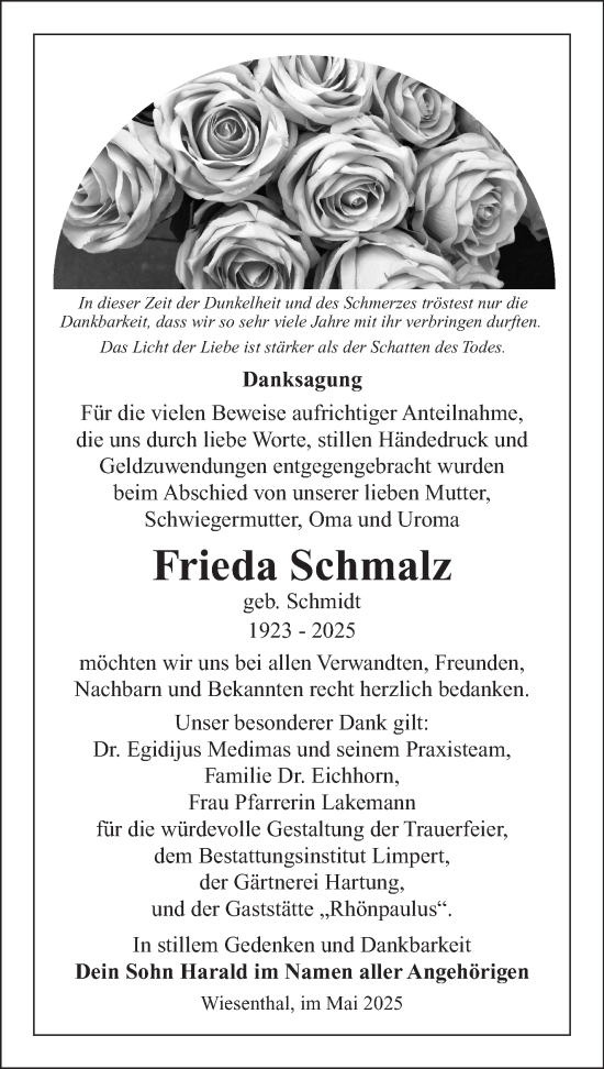 Traueranzeige von Frieda Schmalz von Südthüringer Presse