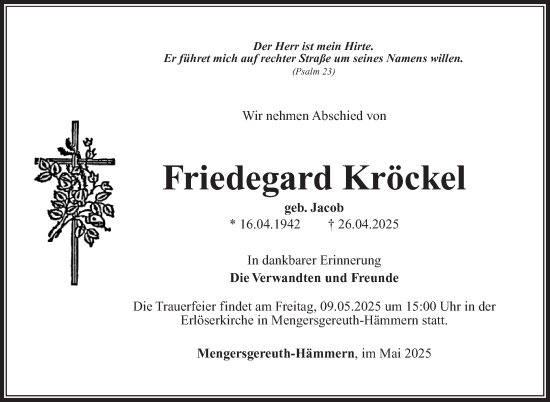 Traueranzeige von Friedegard Kröckel von Südthüringer Presse