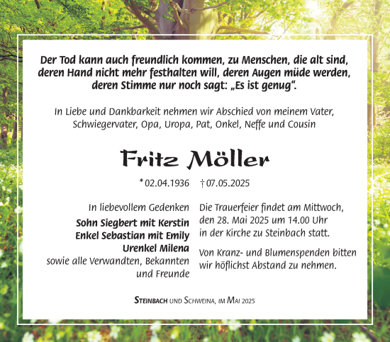 Traueranzeige von Fritz Möller von Südthüringer Presse