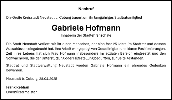 Traueranzeige von Gabriele Hofmann von Neue Presse Coburg
