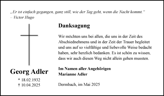 Traueranzeige von Georg Adler von Südthüringer Presse