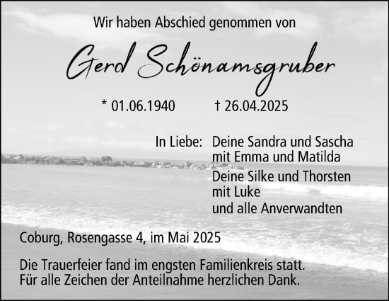 Traueranzeige von Gerd Schönamsgruber von Neue Presse Coburg