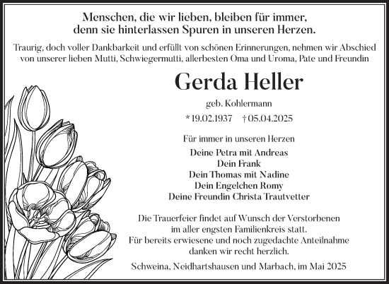 Traueranzeige von Gerda Heller von Südthüringer Presse