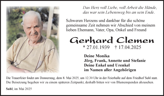Traueranzeige von Gerhard Clemen von Südthüringer Presse