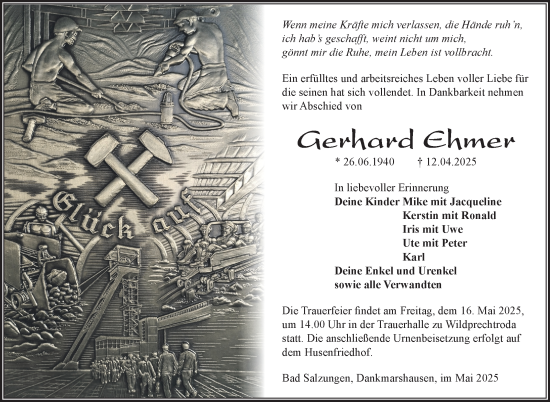 Traueranzeige von Gerhard Ehmer von Südthüringer Presse