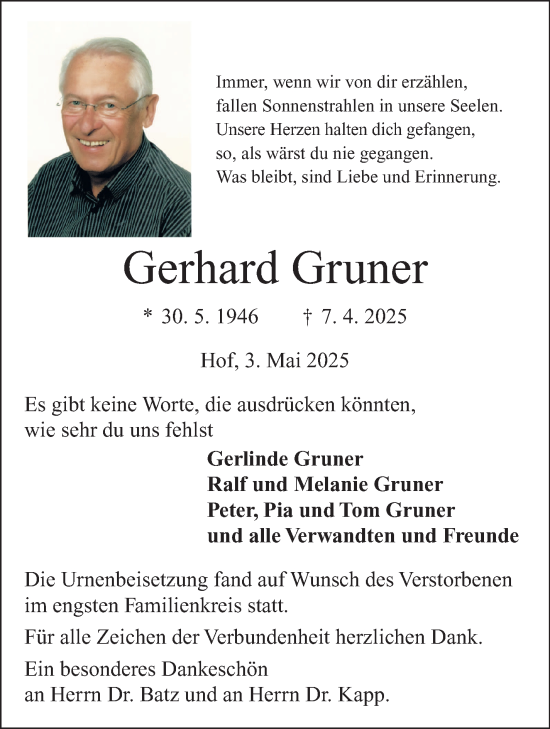 Traueranzeige von Gerhard Gruner von Frankenpost