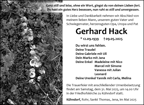 Traueranzeige von Gerhard Hack von Südthüringer Presse
