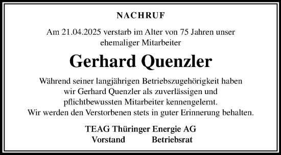 Traueranzeige von Gerhard Quenzler von Südthüringer Presse