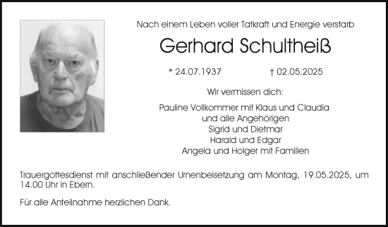 Traueranzeige von Gerhard Schultheiß von Neue Presse Coburg