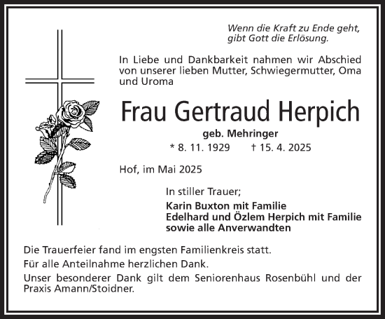 Traueranzeige von Gertraud Herpich von Frankenpost