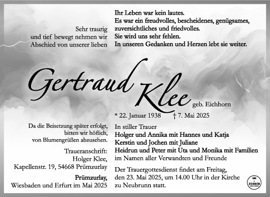 Traueranzeige von Gertraud Klee von Südthüringer Presse