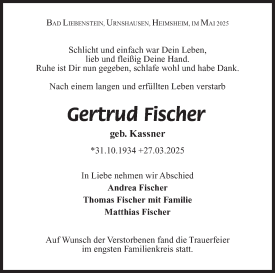 Traueranzeige von Gertrud Fischer von Südthüringer Presse