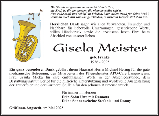 Traueranzeige von Gisela Meister von Südthüringer Presse