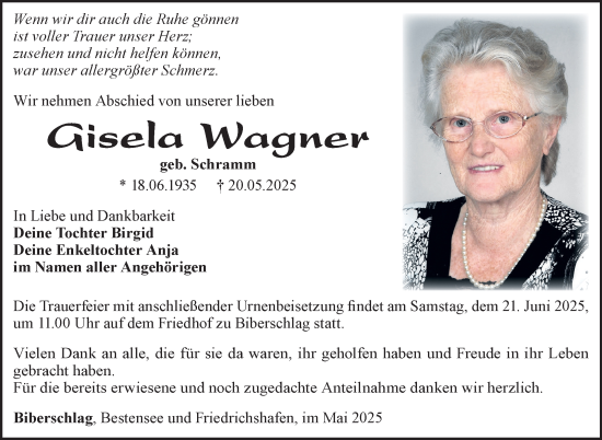 Traueranzeige von Gisela Wagner von Südthüringer Presse