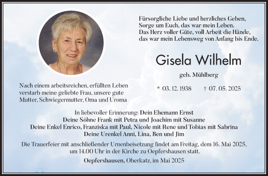 Traueranzeige von Gisela Wilhelm von Südthüringer Presse