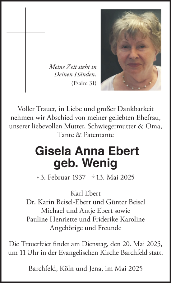 Traueranzeige von Gisela Anna Ebert von Südthüringer Presse
