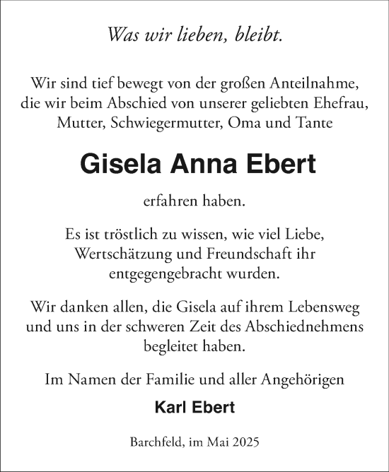 Traueranzeige von Gisela Anna Ebert von Südthüringer Presse