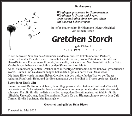 Traueranzeige von Gretchen Storch von Südthüringer Presse