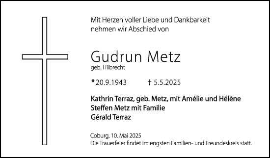 Traueranzeige von Gudrun Metz von Neue Presse Coburg