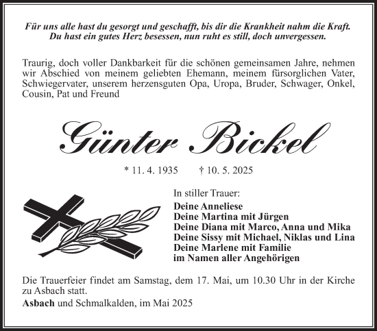 Traueranzeige von Günter Bickel von Südthüringer Presse