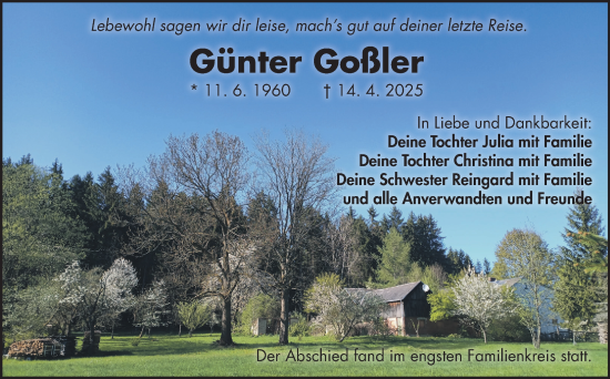 Traueranzeige von Günter Goßler von Frankenpost