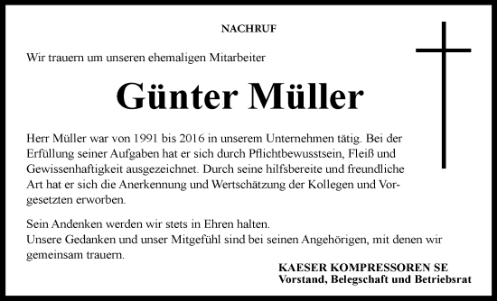 Traueranzeige von Günter Müller von Südthüringer Presse