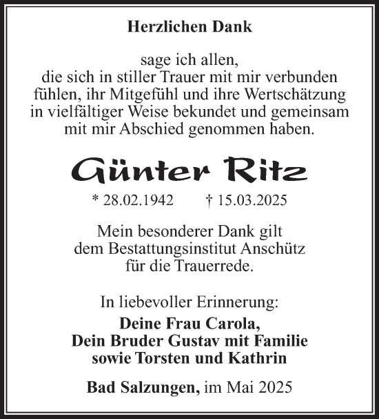 Traueranzeige von Günter Ritz von Südthüringer Presse