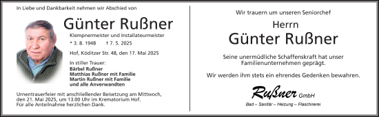 Traueranzeige von Günter Rußner von Frankenpost
