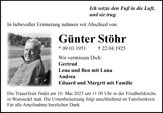 Traueranzeige von Günter Stöhr von Frankenpost