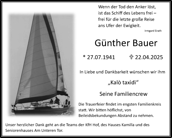 Traueranzeige von Günther Bauer von Frankenpost