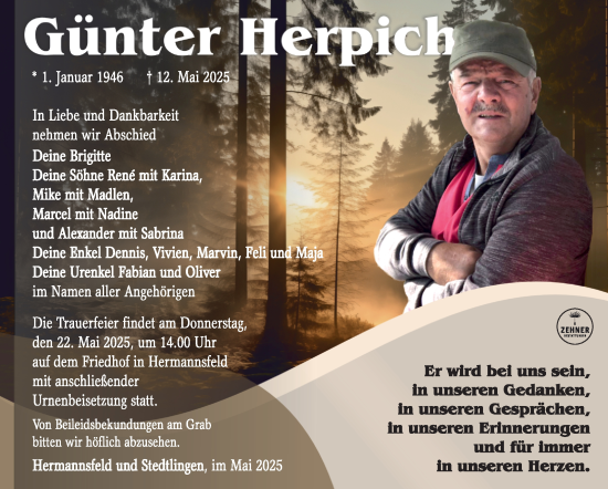 Traueranzeige von Günther Herpich von Südthüringer Presse