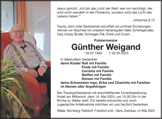 Traueranzeige von Günther Weigand von Südthüringer Presse