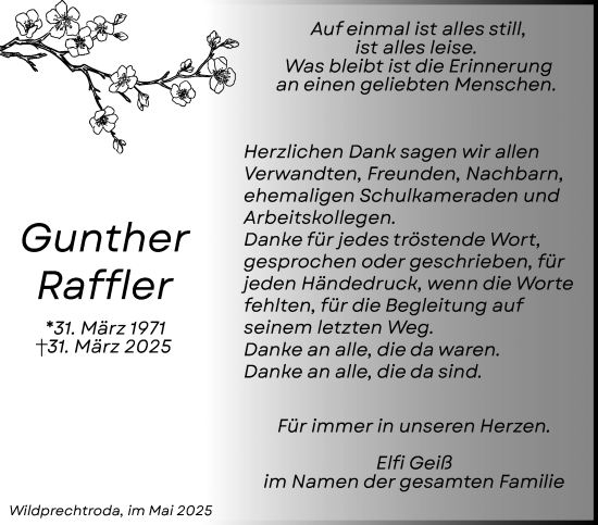 Traueranzeige von Gunther Raffler von Südthüringer Presse