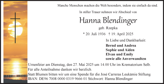 Traueranzeige von Hanna Blendinger von Frankenpost