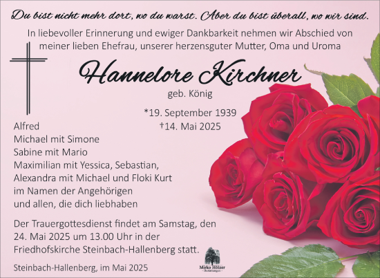 Traueranzeige von Hannelore Kirchner von Südthüringer Presse