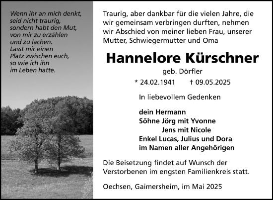 Traueranzeige von Hannelore Kürschner von Südthüringer Presse