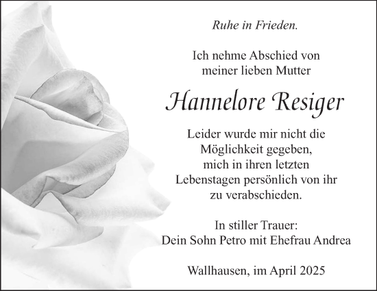 Traueranzeige von Hannelore Resiger von Südthüringer Presse