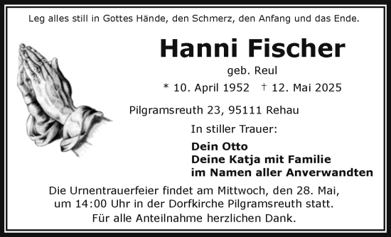 Traueranzeige von Hanni Fischer von Frankenpost
