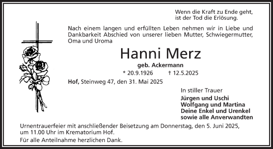 Traueranzeige von Hanni Merz von Frankenpost